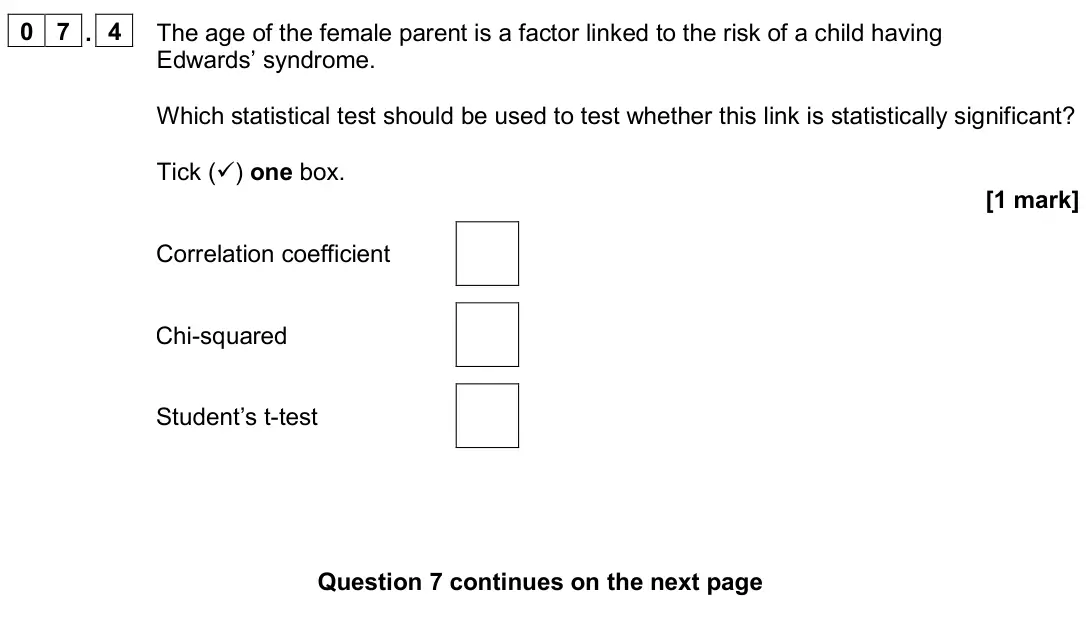 June 2024 AS Paper 2, question 07.4: The age of the female parent is a factor linked to the risk of a child having Edwards’ syndrome. Which statistical test should be used to test whether this link