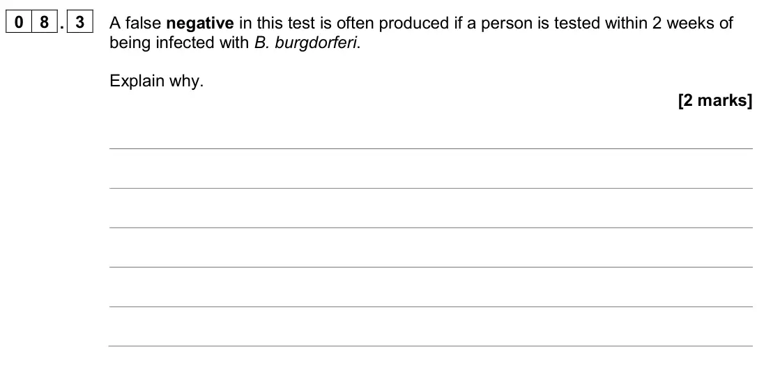 June 2024 AS Paper 2, question 08.3: A false negative in this test is often produced if a person is tested within 2 weeks of being infected with B. burgdorferi. Explain why. [2 marks]