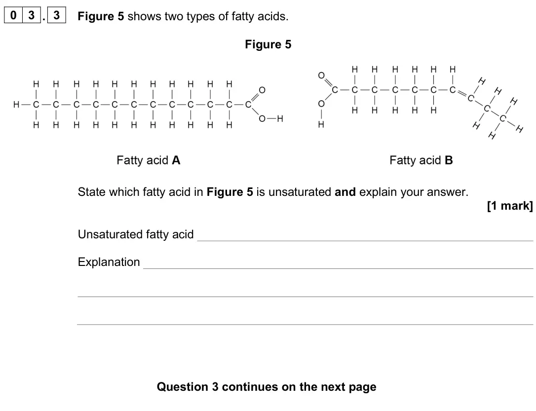 June 2025 AS Paper 2, question 03.3: Figure 5 shows two types of fatty acids. Figure 5 State which fatty acid in Figure 5 is unsaturated and explain your answer. [1 mark] Unsaturated fatty acid Exp