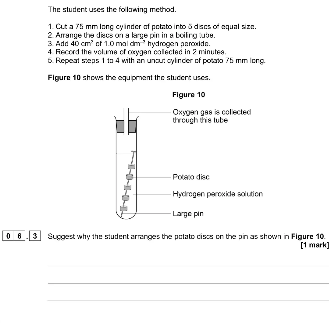 June 2025 AS Paper 2, question 06.3: Suggest why the student arranges the potato discs on the pin as shown in Figure 10. [1 mark]