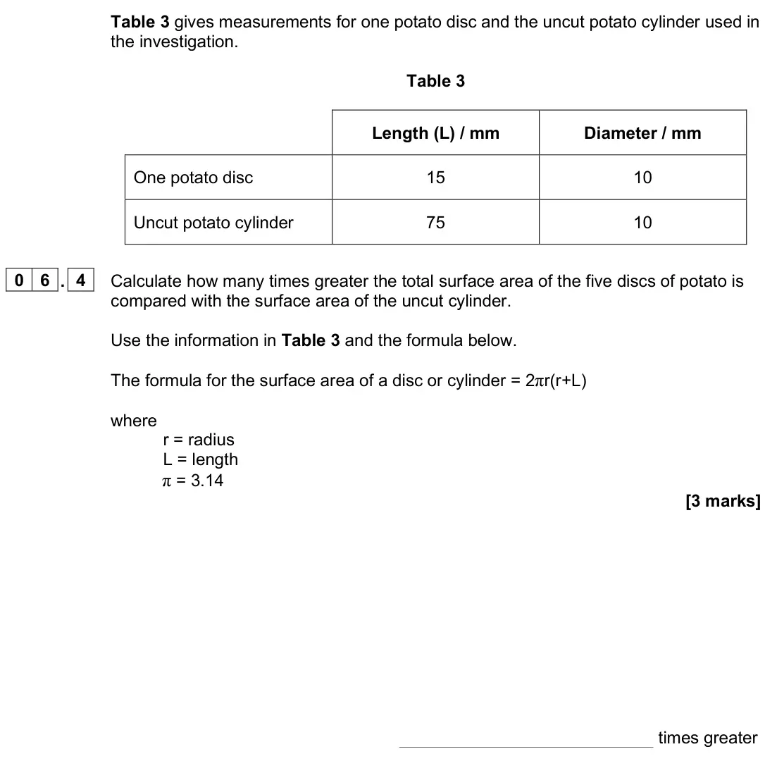 June 2025 AS Paper 2, question 06.4: Calculate how many times greater the total surface area of the five discs of potato is compared with the surface area of the uncut cylinder. Use the information