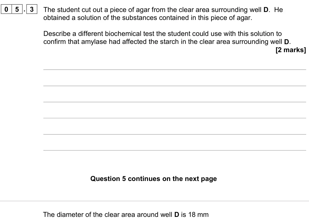 November 2021 AS Paper 2, question 05.3: The student cut out a piece of agar from the clear area surrounding well D. He obtained a solution of the substances contained in this piece of agar. Describe a