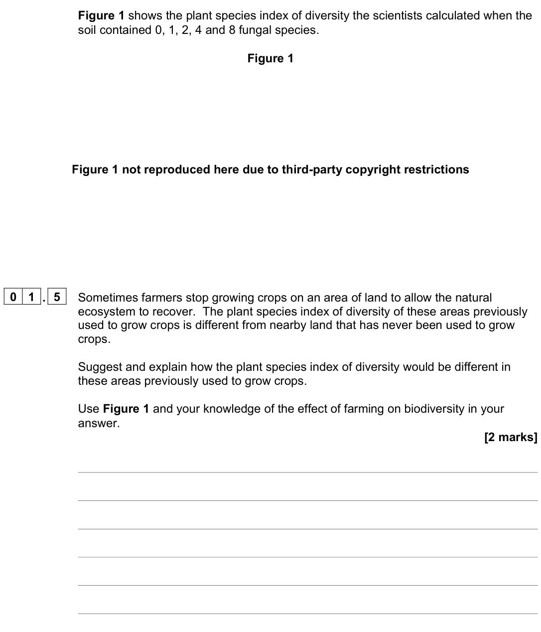 June 2022 Paper 1, question 01.5: Sometimes farmers stop growing crops on an area of land to allow the natural ecosystem to recover. The plant species index of diversity of these areas previousl