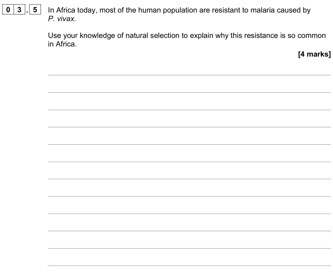 June 2023 Paper 1, question 03.5: In Africa today, most of the human population are resistant to malaria caused by P. vivax. Use your knowledge of natural selection to explain why this resistanc