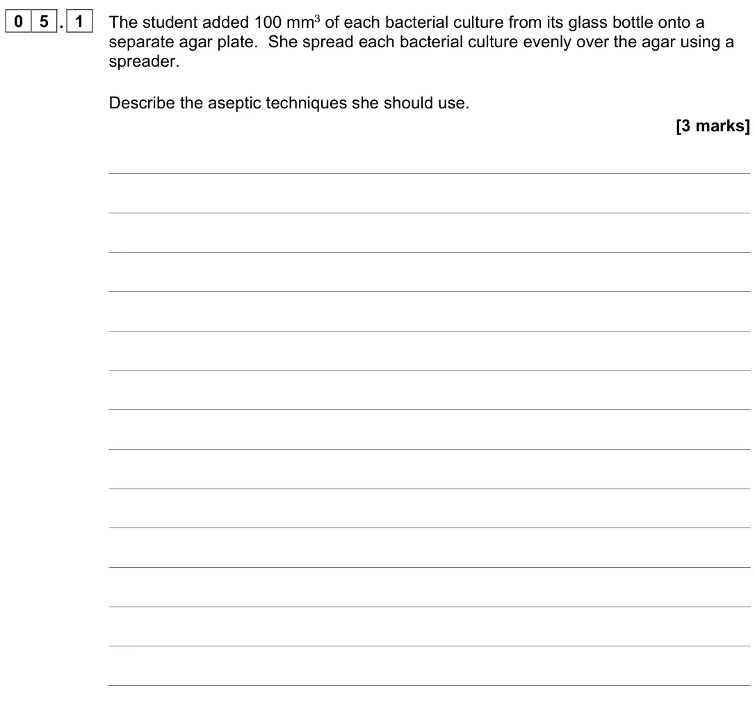 June 2023 Paper 1, question 05.1: The student added 100 mm3 of each bacterial culture from its glass bottle onto a separate agar plate. She spread each bacterial culture evenly over the agar usi