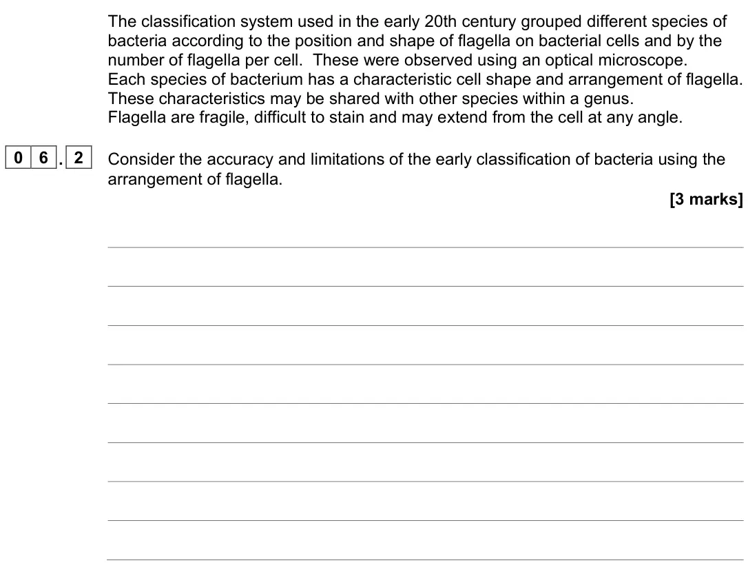June 2023 Paper 1, question 06.2: Consider the accuracy and limitations of the early classification of bacteria using the arrangement of flagella. [3 marks]