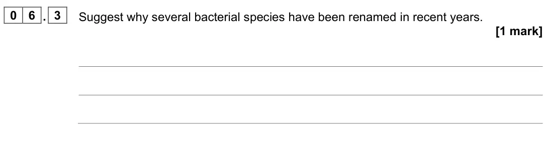 June 2023 Paper 1, question 06.3: Suggest why several bacterial species have been renamed in recent years. [1 mark]