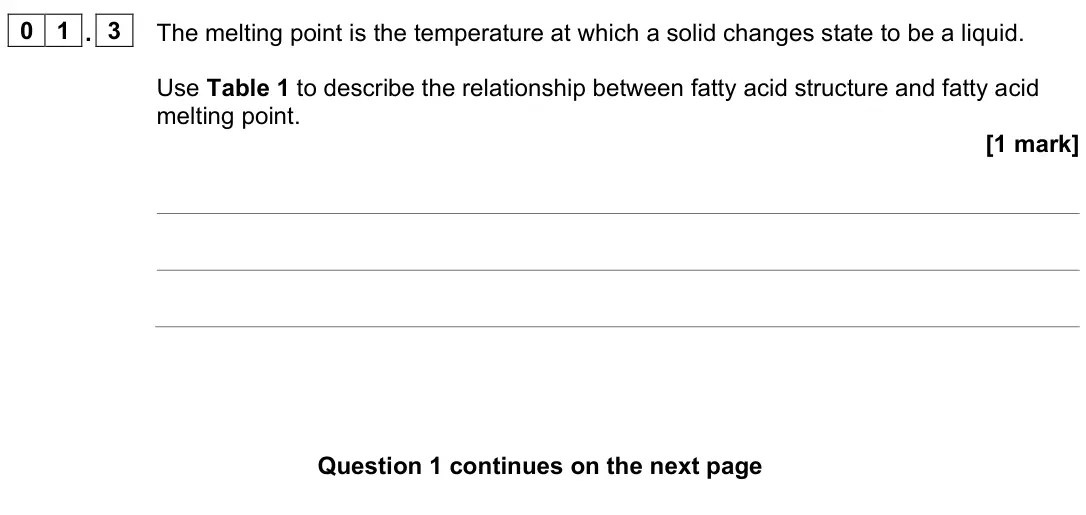 June 2024 Paper 1, question 01.3: The melting point is the temperature at which a solid changes state to be a liquid. Use Table 1 to describe the relationship between fatty acid structure and fa