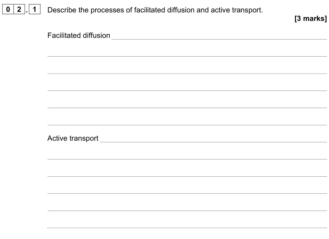 June 2024 Paper 1, question 02.1: Describe the processes of facilitated diffusion and active transport. [3 marks] Facilitated diffusion Active transport