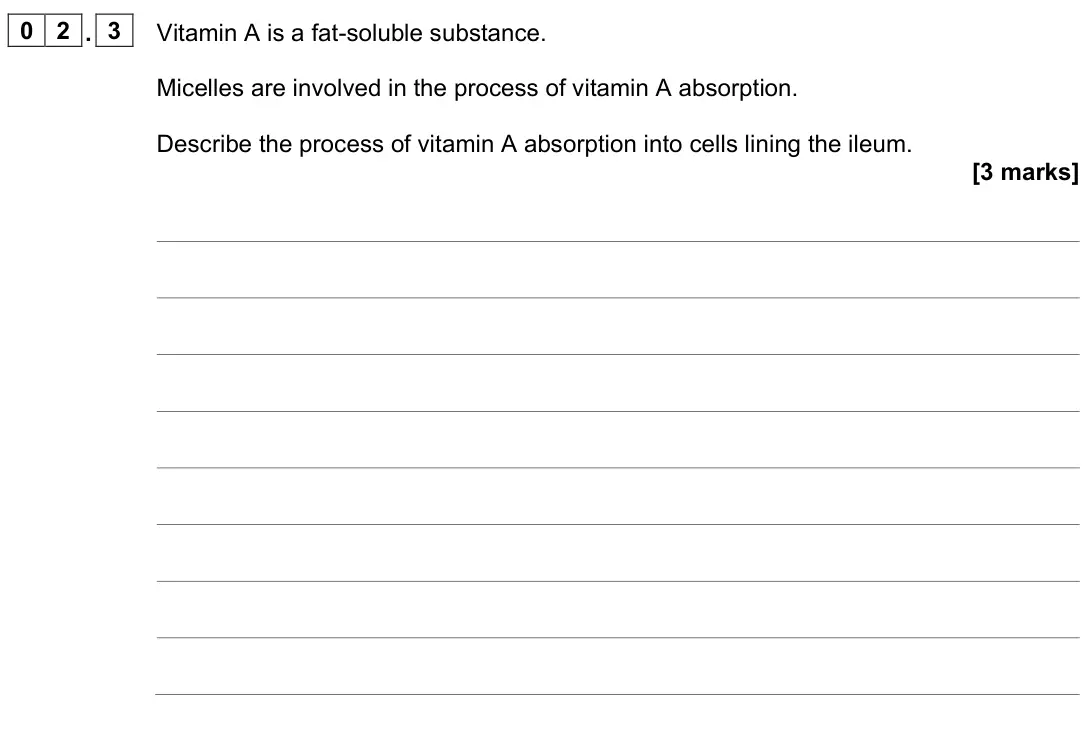 June 2024 Paper 1, question 02.3: Vitamin A is a fat-soluble substance. Micelles are involved in the process of vitamin A absorption. Describe the process of vitamin A absorption into cells lini