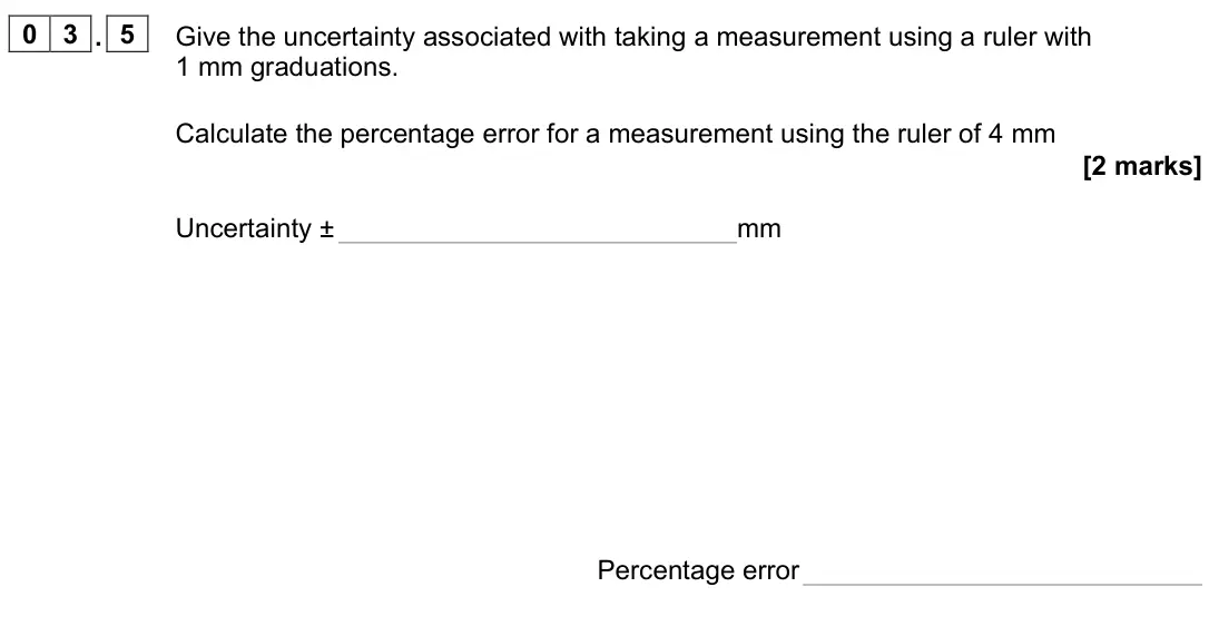 June 2024 Paper 1, question 03.5: Give the uncertainty associated with taking a measurement using a ruler with 1 mm graduations. Calculate the percentage error for a measurement using the ruler