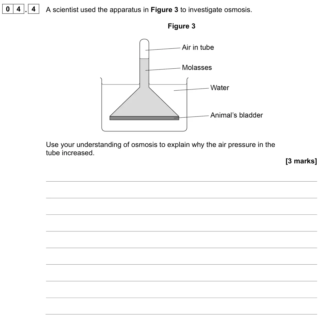 June 2024 Paper 1, question 04.4: A scientist used the apparatus in Figure 3 to investigate osmosis. Figure 3 Use your understanding of osmosis to explain why the air pressure in the tube increa