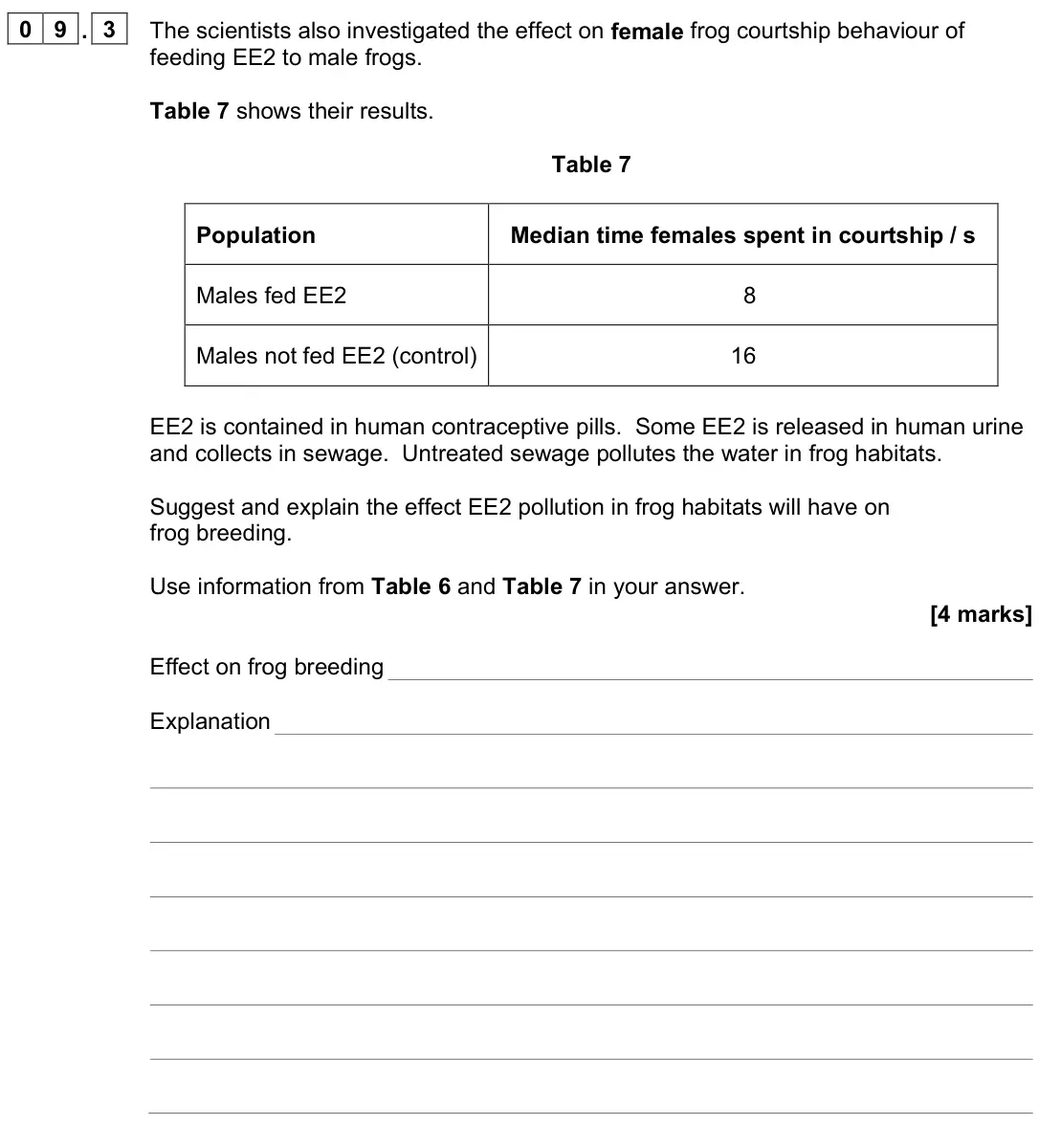 June 2024 Paper 1, question 09.3: The scientists also investigated the effect on female frog courtship behaviour of feeding EE2 to male frogs. Table 7 shows their results. Table 7 Population Med