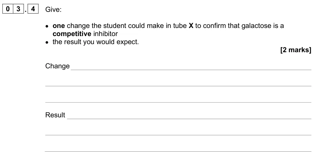 June 2025 Paper 1, question 03.4: Give: • one change the student could make in tube X to confirm that galactose is a competitive inhibitor • the result you would expect. [2 marks] Change Result