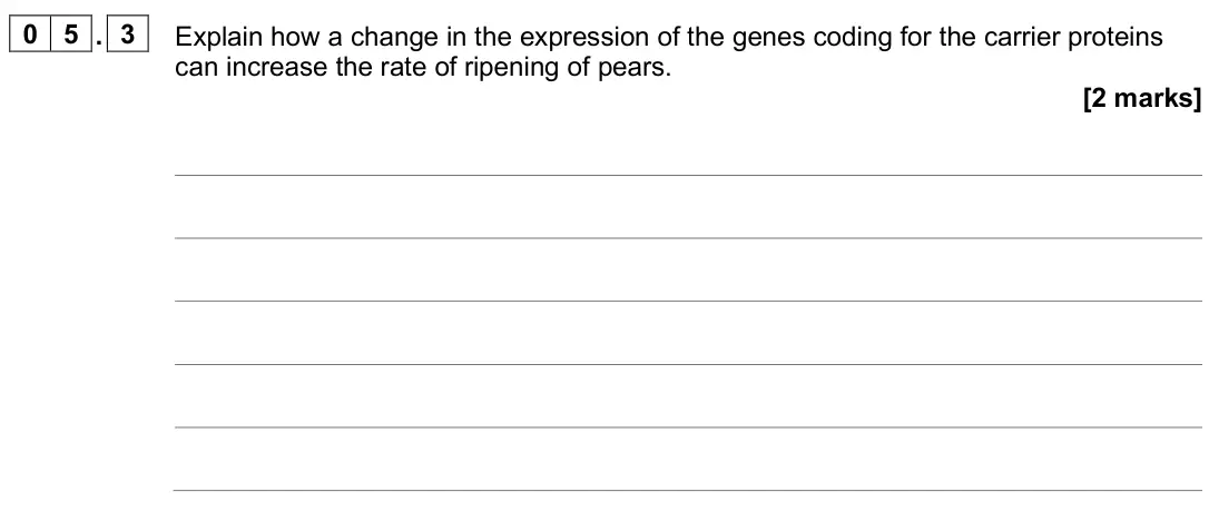 June 2025 Paper 1, question 05.3: Explain how a change in the expression of the genes coding for the carrier proteins can increase the rate of ripening of pears. [2 marks]