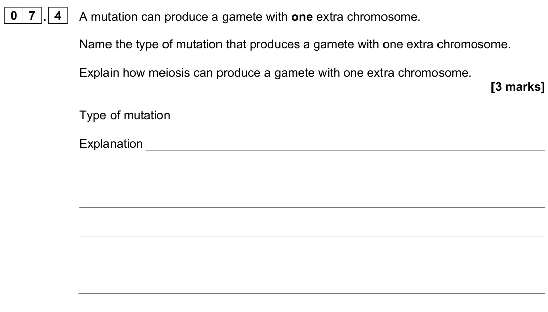June 2025 Paper 1, question 07.4: A mutation can produce a gamete with one extra chromosome. Name the type of mutation that produces a gamete with one extra chromosome. Explain how meiosis can p