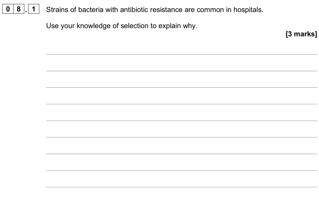 June 2025 Paper 1, question 08.1: Strains of bacteria with antibiotic resistance are common in hospitals. Use your knowledge of selection to explain why. [3 marks]