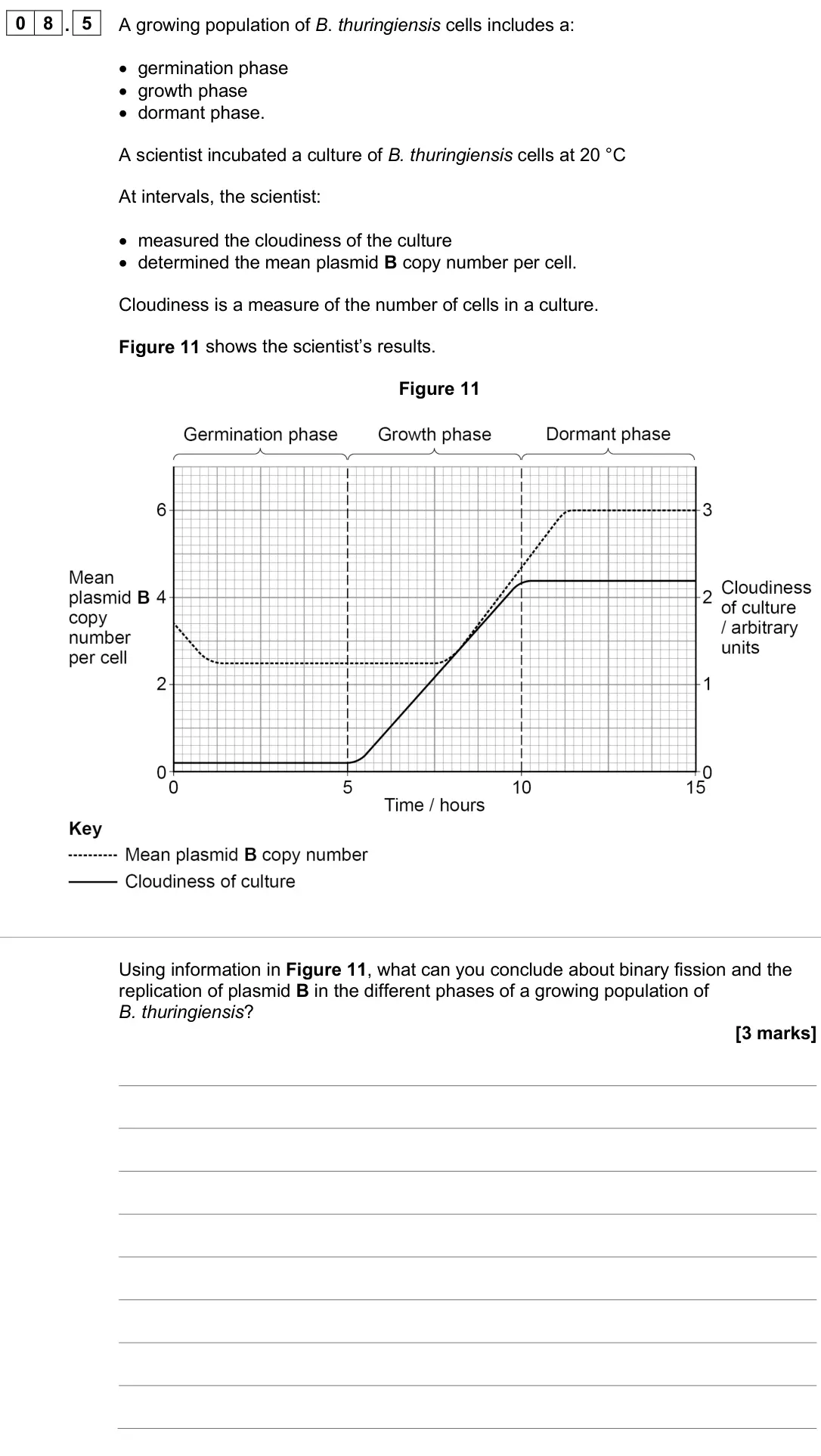 June 2025 Paper 1, question 08.5: A growing population of B. thuringiensis cells includes a: • germination phase • growth phase • dormant phase. A scientist incubated a culture of B. thuringiens