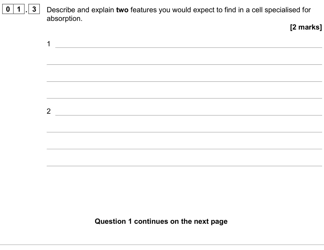 November 2020 Paper 1, question 01.3: Describe and explain two features you would expect to find in a cell specialised for absorption. [2 marks] 1 2