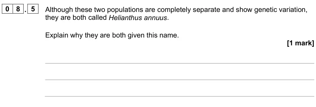 November 2021 Paper 1, question 08.5: Although these two populations are completely separate and show genetic variation, they are both called Helianthus annuus. Explain why they are both given this