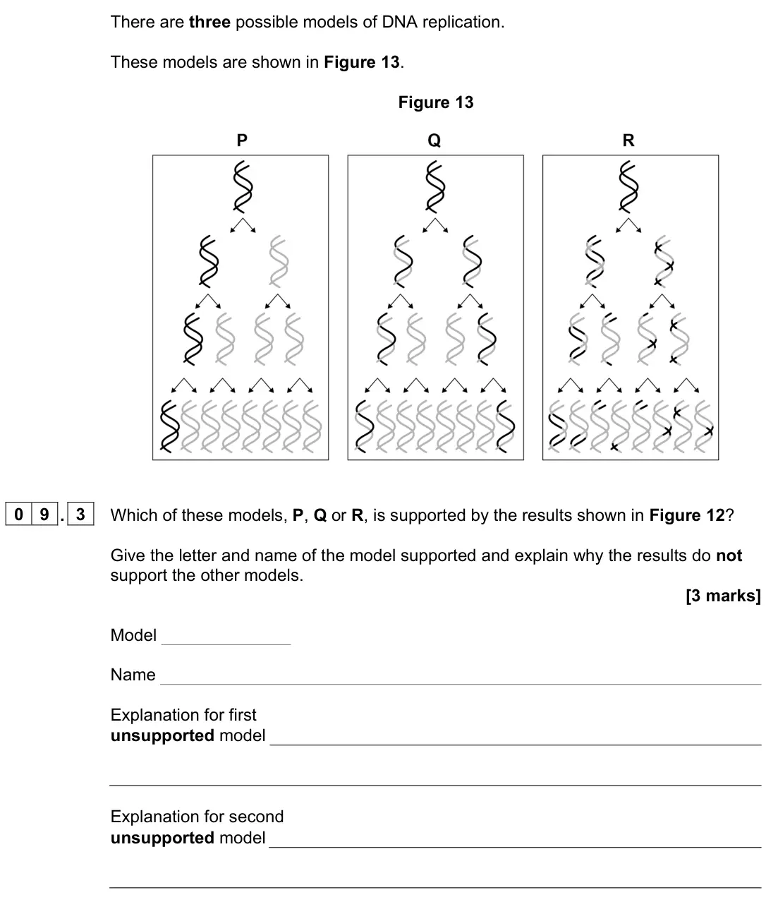 November 2021 Paper 1, question 09.3: Which of these models, P, Q or R, is supported by the results shown in Figure 12? Give the letter and name of the model supported and explain why the results do