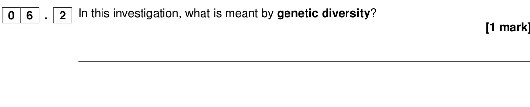 Specimen Paper 1, question 06.2: In this investigation, what is meant by genetic diversity? [1 mark] 0 6 . 2