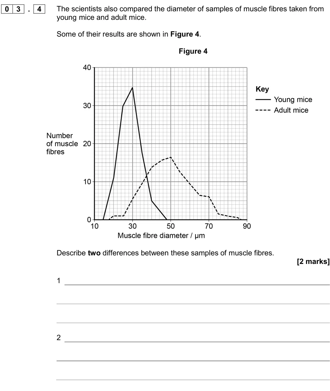 June 2017 Paper 2, question 03.4: The scientists also compared the diameter of samples of muscle fibres taken from young mice and adult mice. Some of their results are shown in Figure 4. Figure 