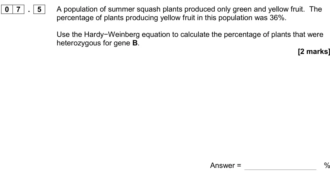 June 2017 Paper 2, question 07.5: A population of summer squash plants produced only green and yellow fruit. The percentage of plants producing yellow fruit in this population was 36%. Use the H