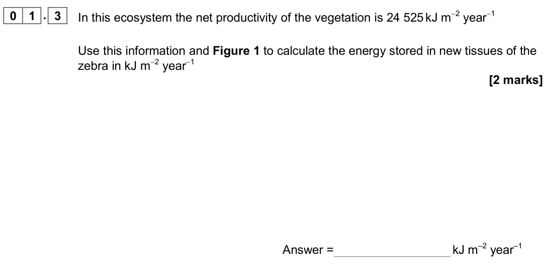 June 2019 Paper 2, question 01.3: In this ecosystem the net productivity of the vegetation is 24 525 kJ m−2 year−1 Use this information and Figure 1 to calculate the energy stored in new tissues
