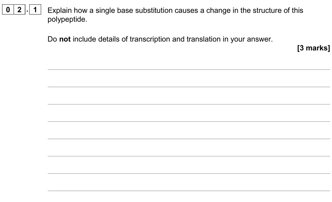 June 2019 Paper 2, question 02.1: Explain how a single base substitution causes a change in the structure of this polypeptide. Do not include details of transcription and translation in your ans