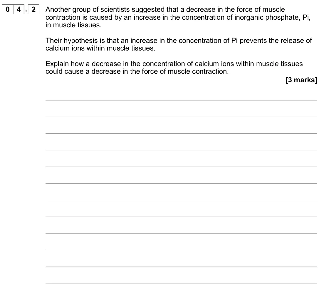 June 2019 Paper 2, question 04.2: Another group of scientists suggested that a decrease in the force of muscle contraction is caused by an increase in the concentration of inorganic phosphate, P