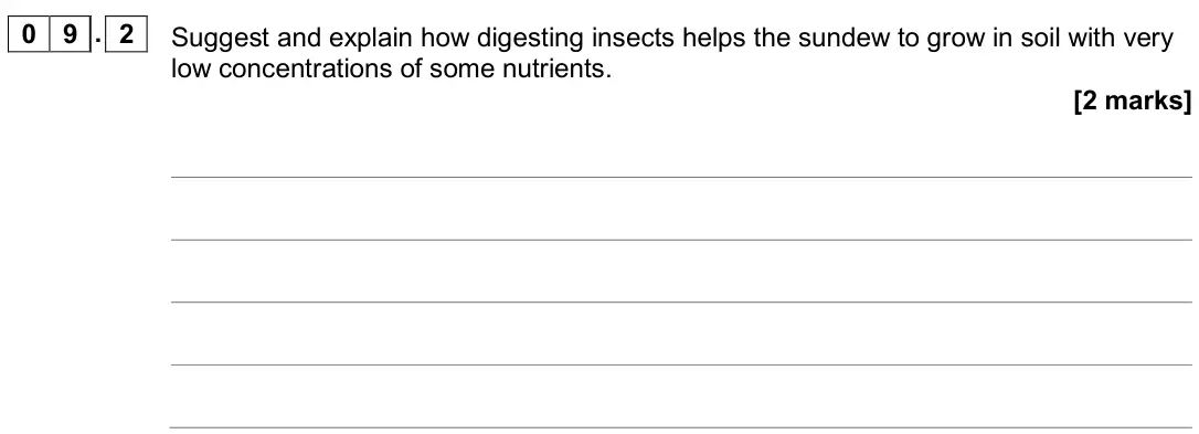 June 2019 Paper 2, question 09.2: Suggest and explain how digesting insects helps the sundew to grow in soil with very low concentrations of some nutrients. [2 marks]