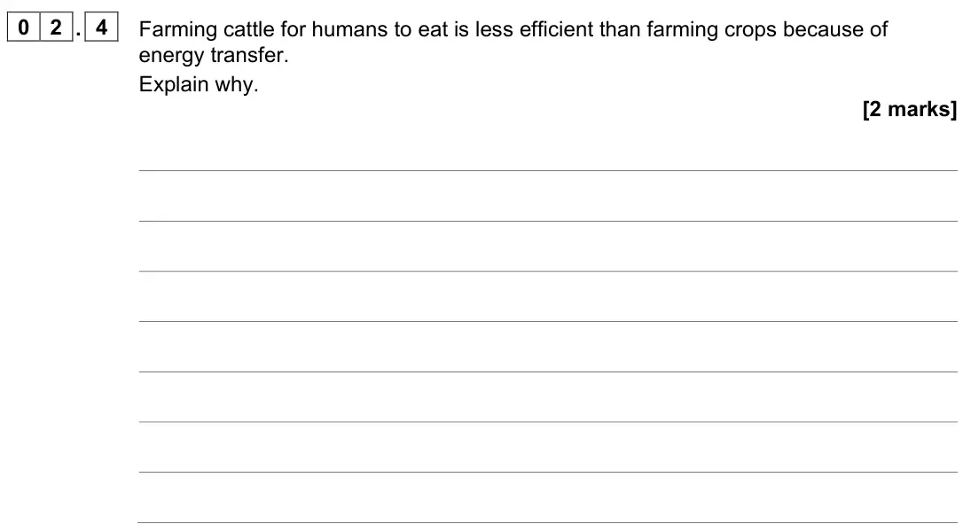 June 2022 Paper 2, question 02.4: Farming cattle for humans to eat is less efficient than farming crops because of energy transfer. Explain why. [2 marks]