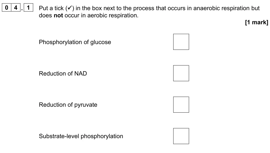 June 2022 Paper 2, question 04.1: Put a tick ( ) in the box next to the process that occurs in anaerobic respiration but does not occur in aerobic respiration. [1 mark] Phosphorylation of glucos