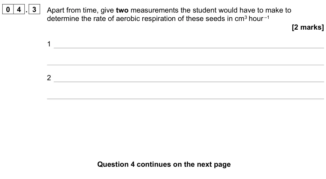 June 2022 Paper 2, question 04.3: Apart from time, give two measurements the student would have to make to determine the rate of aerobic respiration of these seeds in cm3 hour –1 [2 marks] 1 2