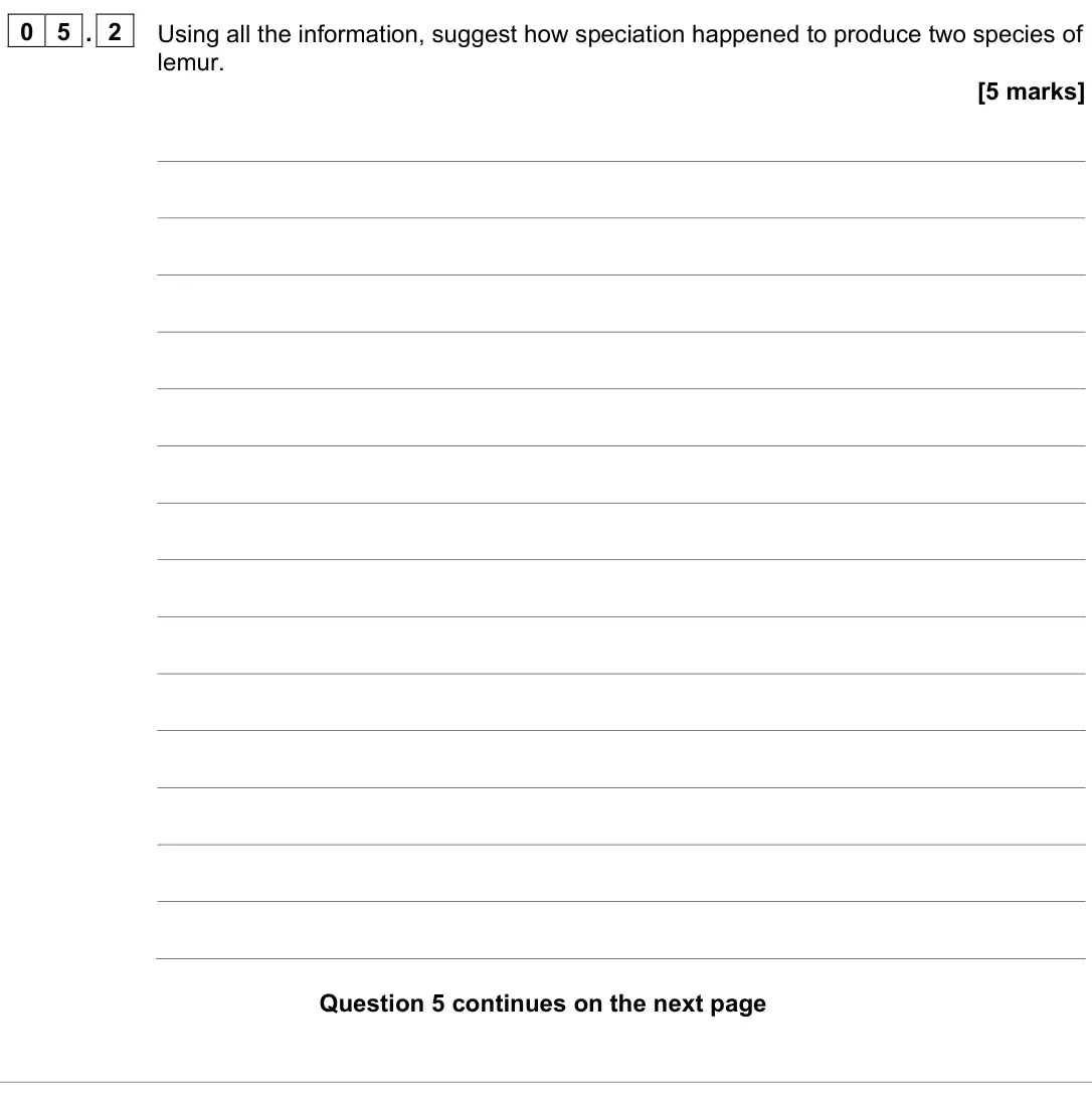 June 2022 Paper 2, question 05.2: Using all the information, suggest how speciation happened to produce two species of lemur. [5 marks]
