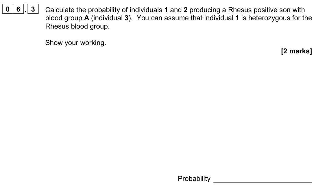June 2022 Paper 2, question 06.3: Calculate the probability of individuals 1 and 2 producing a Rhesus positive son with blood group A (individual 3). You can assume that individual 1 is heterozy