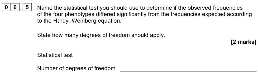 June 2022 Paper 2, question 06.5: Name the statistical test you should use to determine if the observed frequencies of the four phenotypes differed significantly from the frequencies expected ac