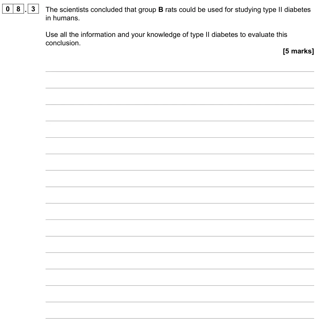 June 2022 Paper 2, question 08.3: The scientists concluded that group B rats could be used for studying type II diabetes in humans. Use all the information and your knowledge of type II diabetes