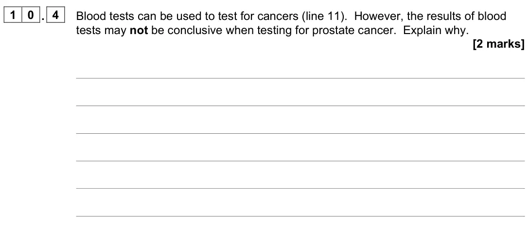 June 2022 Paper 2, question 10.4: Blood tests can be used to test for cancers (line 11). However, the results of blood tests may not be conclusive when testing for prostate cancer. Explain why.