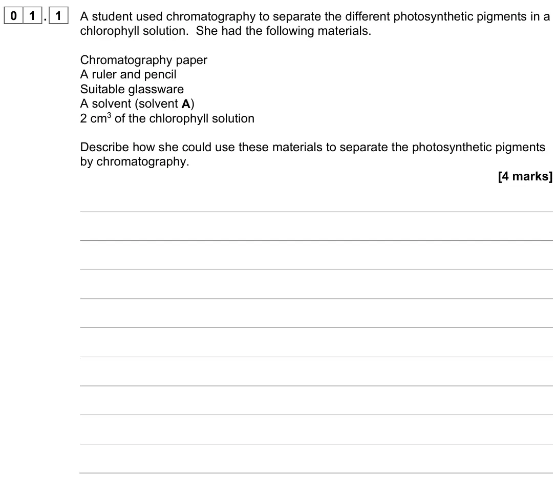 June 2023 Paper 2, question 01.1: A student used chromatography to separate the different photosynthetic pigments in a chlorophyll solution. She had the following materials. Chromatography paper