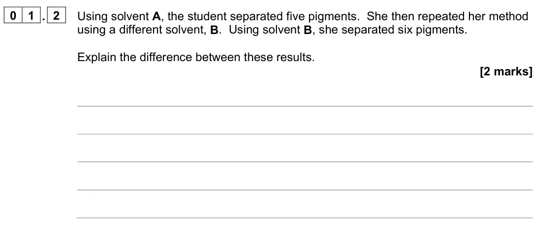 June 2023 Paper 2, question 01.2: Using solvent A, the student separated five pigments. She then repeated her method using a different solvent, B. Using solvent B, she separated six pigments. Ex