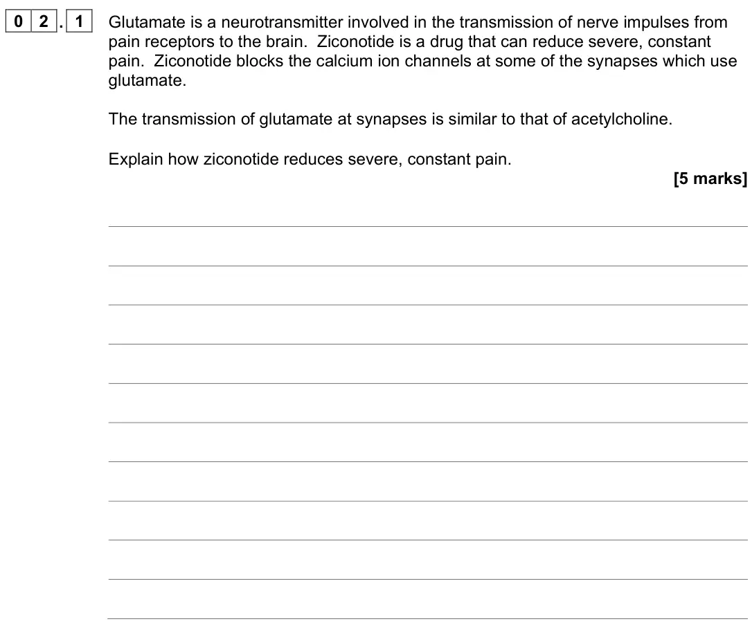 June 2023 Paper 2, question 02.1: Glutamate is a neurotransmitter involved in the transmission of nerve impulses from pain receptors to the brain. Ziconotide is a drug that can reduce severe, co