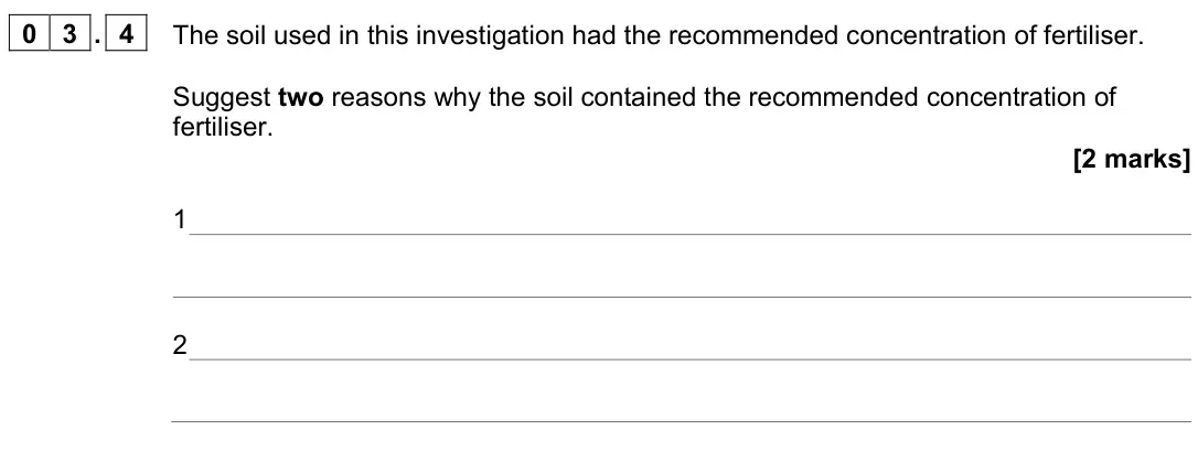 June 2023 Paper 2, question 03.4: The soil used in this investigation had the recommended concentration of fertiliser. Suggest two reasons why the soil contained the recommended concentration of