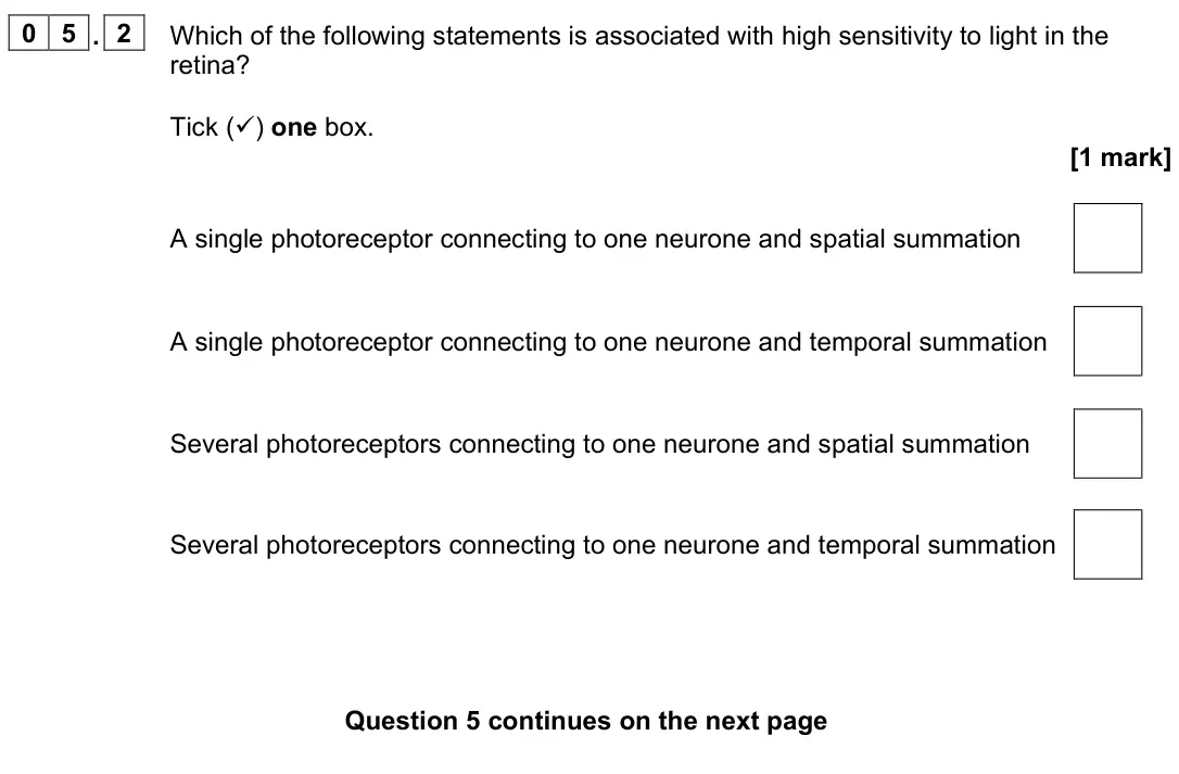 June 2023 Paper 2, question 05.2: Which of the following statements is associated with high sensitivity to light in the retina? Tick () one box. [1 mark] A single photoreceptor connecting to on