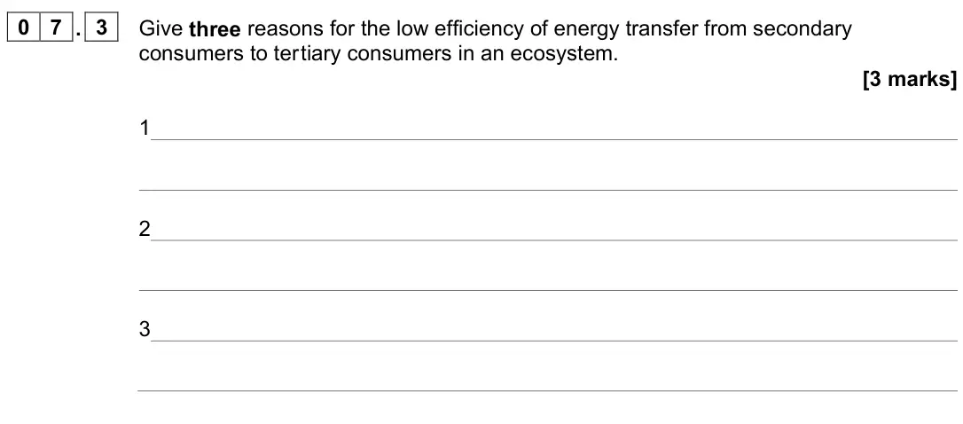 June 2023 Paper 2, question 07.3: Give three reasons for the low efficiency of energy transfer from secondary consumers to tertiary consumers in an ecosystem. [3 marks] 1 2 3