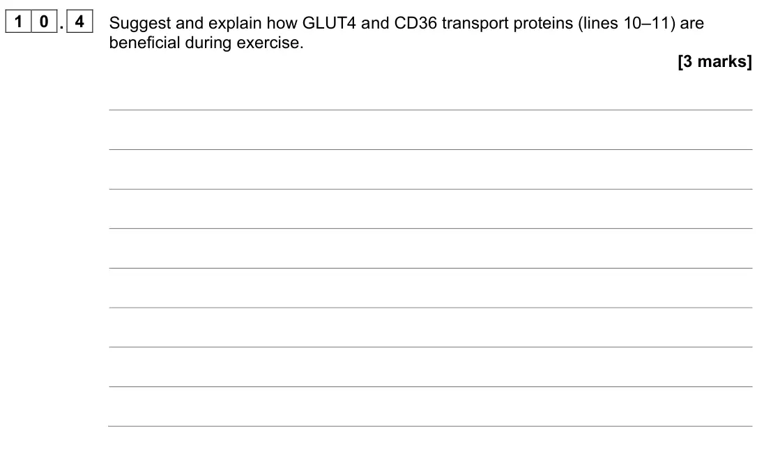 June 2023 Paper 2, question 10.4: Suggest and explain how GLUT4 and CD36 transport proteins (lines 10–11) are beneficial during exercise. [3 marks]