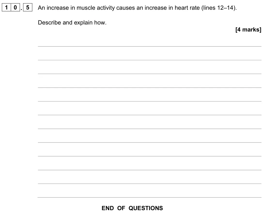 June 2023 Paper 2, question 10.5: An increase in muscle activity causes an increase in heart rate (lines 12–14). Describe and explain how. [4 marks]
