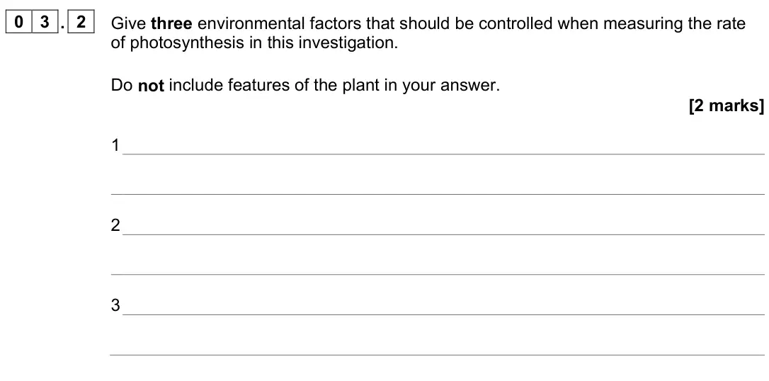 June 2024 Paper 2, question 03.2: Give three environmental factors that should be controlled when measuring the rate of photosynthesis in this investigation. Do not include features of the plant