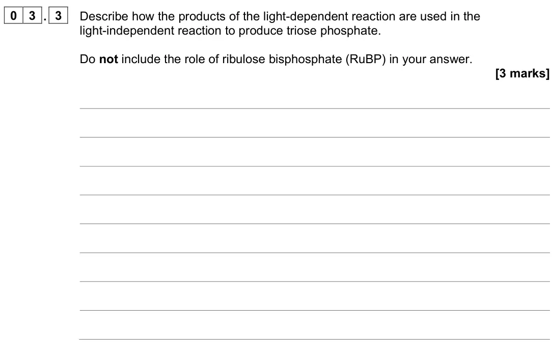 June 2024 Paper 2, question 03.3: Describe how the products of the light-dependent reaction are used in the light-independent reaction to produce triose phosphate. Do not include the role of rib